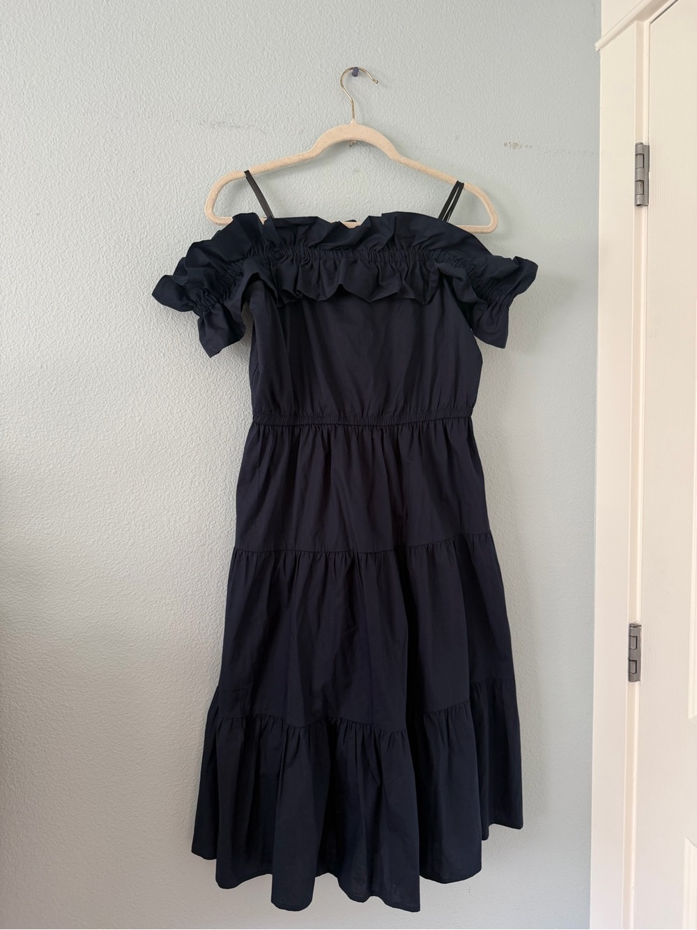 London Times Navy Off-Shoulder Tiered Midi Dress